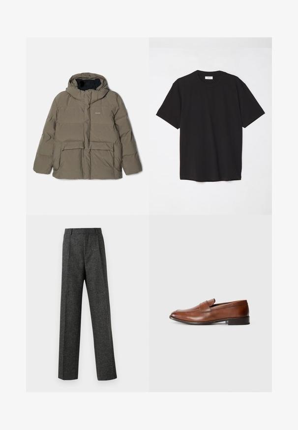 Holzweiler DOVRE JACKET - Jachetă cu puf - taupe; Tricou negru din bumbac, cu guler rotund, mâneci scurte și o croială lejeră. Design simplu, textură netedă și fără modele sau logo-uri vizibile.; Pantaloni gri ajustați din țesătură texturată, prezentând două pliere frontale și un design drept. Fără buzunare vizibile sau ornamente.; Mocassini din piele maro cu vârful rotunjit, cusături minime și un toc mic. Prezintă o curea decorativă peste vamp.