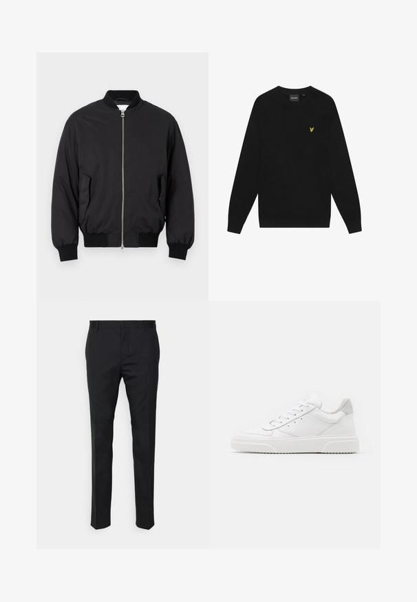 Chaqueta bomber negra hecha de tela suave, con cierre de cremallera en el frente, puños acanalados, bolsillos laterales y un diseño clásico de cuello redondo.; Sudadera de algodón negra con mangas largas y cuello redondo. Cuenta con un pequeño logo de águila amarilla en el pecho. Textura suave.; Pantalones negros ajustados con corte recto, hechos de tejido suave. Presentan trabillas y detalle de pliegue en la parte frontal.; Zapatillas de cuero blanca con un acabado suave, punta redondeada, cordones planos y una suela texturada. Acento de ante gris en el talón.