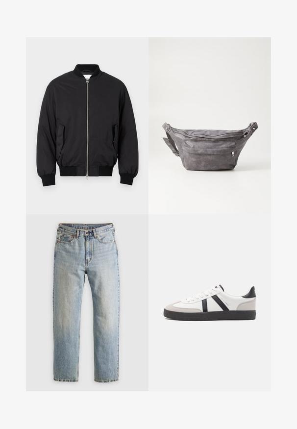 Zwarte bomberjack van soepel materiaal, met een ritssluiting aan de voorkant, geribbelde manchetten, zijzakken en een klassieke ronde halsontwerp.; Donkergroene hoodie van zachte stof, met een kangoeroezak, trekkoorden en een wit tekstlogo op de linkerborst.; Lichtblauwe denim jeans met hoge taille, frontknop, rits en vijfzakkenontwerp, plat gelegd op een neutrale achtergrond.; Witte sneaker met zwarte en grijze accenten, voorzien van een grijze neus met textuur, zwarte rubberen zool en platte witte veters. Schoon ontwerp, minimalistische stijl.; Grijze suède heuptas met een ronde vorm, twee met rits afgesloten compartimenten en een verstelbare band. Voorzien van metalen accenten.