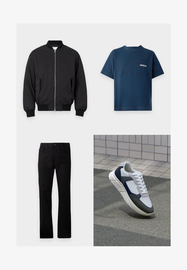Svart bomberjakke laget av glatt stoff, med glidelås foran, ribbestrikkede mansjetter, sidelommer og en klassisk rund halsdesign.; Marineblå bomull T-skjorte med korte ermer og rund hals. Har en liten hvit logo på venstre brystområde. Myk tekstur.; Sorte rett-bente jeans laget av denim, med en frontknapp-lukking, to sidelommer og en jevn tekstur.; Hvitt, marineblått og grått sportsko med en blandet materialdesign, som har en teksturert overdel, flate snørebånd og en polstret såle.
