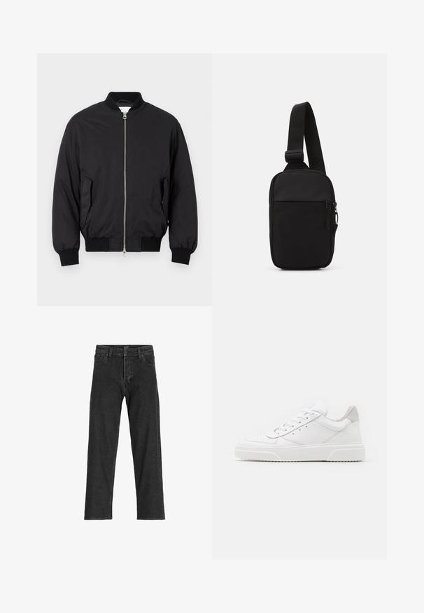 Svart bomberjacka i slätt tyg, med dragkedja fram, ribbade ärmslut, sidofickor och en klassisk rund nackdesign.; Brun stickad tröja med polo-krage, tre knappar vid nacken och långa ärmar. Mjuk textur, ribbade manschetter och fåll.; Svarta denimjeans med rak passform, featuring dragkedja, bälteslöljer och sex fickor, tillverkade av en kraftig bomullsblandning.; Vita lädersneakers med en slät yta, rund tå, platta snören och en texturerad sula. Grå mockadetalj vid hälen.; Svart axelväska gjord av slitstarkt tyg, med en justerbar rem, ett zip-försett huvudfack och en framficka.