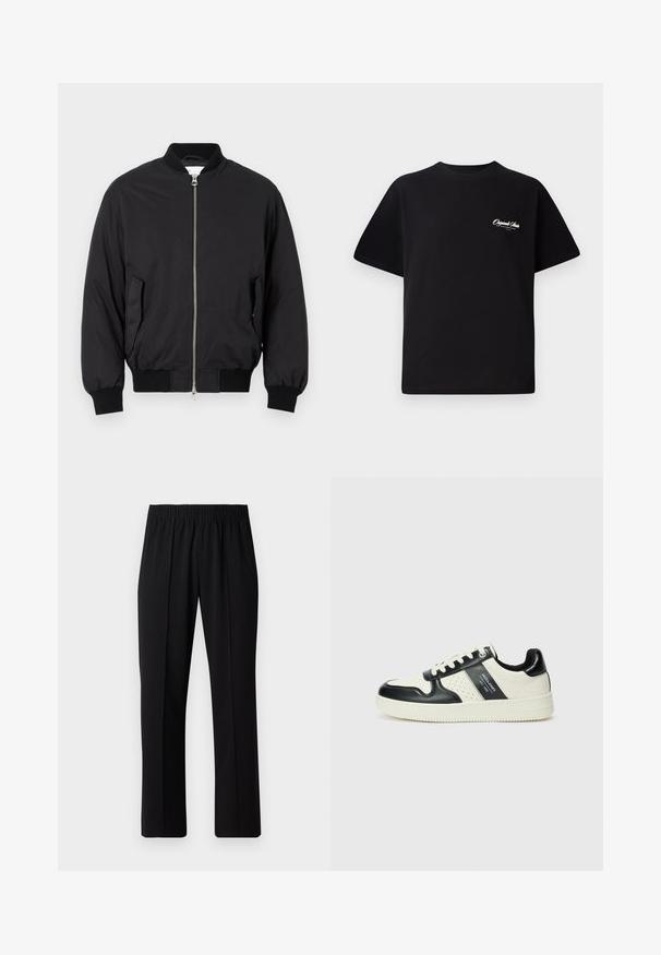 Sort bomberjakke i glat stof med lynlås fortil, ribbede manschetter, sidelommer og en klassisk rund halsudskæring.; Sort bomulds T-shirt med rund halsudskæring, korte ærmer og lille hvid logo tekst på venstre bryst. Enkel design, klassisk pasform.; Sorte bukser med elastisk talje og lige ben, der har en glat tekstur og ingen synlige mønstre eller hardware.; Lædersneakers i sort og creme farveskema, med perforerede detaljer, en polstret krave og en struktureret ydersål.
