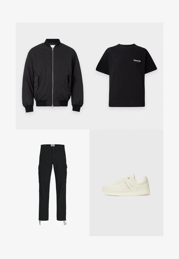 Schwarze Bomberjacke aus glattem Stoff, mit Reißverschluss auf der Vorderseite, gerippten Bündchen, seitlichen Taschen und einem klassischen Rundhalsausschnitt.; Schwarzes Baumwoll-T-Shirt mit Rundhalsausschnitt, kurzen Ärmeln und kleinem weißen Logotext auf der linken Brust. Schlichtes Design, klassischer Schnitt.; Schwarze Cargo-Hosen mit geradem Schnitt, ausgestattet mit Seitentaschen, einem Knopfverschluss und elastischen Zugbändern an den Knöcheln. Hergestellt aus strapazierfähigem Stoff.; Cremefarbene Sneaker mit perforierten Details, Schnürsenkeln und Logo an der Seite, vor einem schlichten weißen Hintergrund präsentiert.