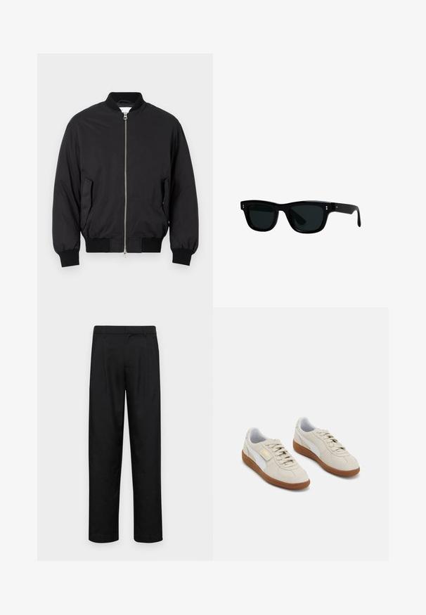Black bomber jacket made of smooth fabric, featuring a zip front, ribbed cuffs, side pockets, and a classic round neck design.; Black cotton t-shirt with short sleeves, round neck, and a relaxed fit. Smooth texture and minimalistic design, no patterns or accents.; Black trousers made of smooth fabric, featuring a straight-leg design, two front pleats, and standard waistband with belt loops.; Beige suede sneakers with white leather accents and brown rubber soles. Features round toe, laces, and a gold logo on the side.; Black sunglasses with square frames, dark lenses, and smooth plastic material. Features small, round accents on the front and slender arms.