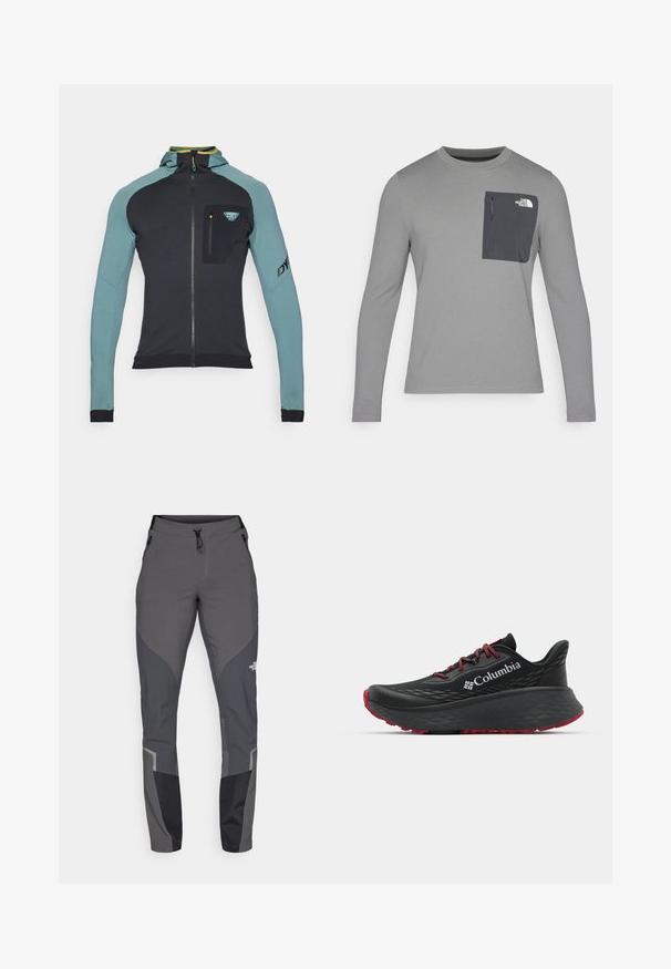 Dynafit RADICAL - Training jacket - atlantic; Long-sleeve gray shirt with textured fabric, featuring a dark gray chest pocket and a zip closure. Logo on pocket in white.; Grey hiking pants featuring a tapered design, multiple pockets, and contrasting dark grey and black accents. Made from a flexible, durable material.; Black athletic shoe with textured upper, red laces, and logo. Thick sole with patterned tread for traction. Minimalist design, side view.