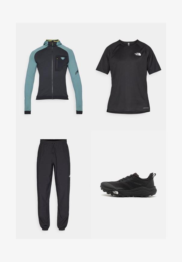 Dynafit RADICAL - Training jacket - atlantic; Black short-sleeve athletic shirt with a textured fabric, featuring a white logo on the left chest and a straight hem.; Black athletic pants made from lightweight fabric, featuring a drawstring waistband, side pockets, and tapered cuffs at the ankles.; Black trail running shoe with a textured upper, rubber sole, and reinforced toe cap. Features a padded collar and pull tab for easy wear.
