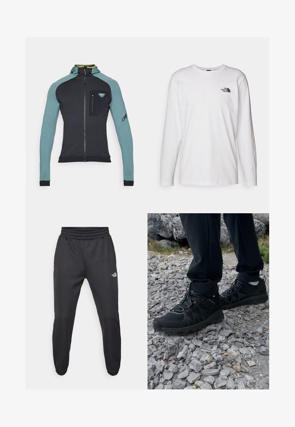 Dynafit RADICAL - Trainingsjacke - atlantic; Weißes langärmliges T-Shirt aus Baumwolle mit Rundhalsausschnitt. Verfügt über ein kleines schwarzes Logo auf der Brust. Glatte Textur, reguläre Passform.; Schwarze Jogginghose mit verstellbarem Bund, schlanker Passform, elastischen Bündchen und einem kleinen weißen Logo am linken Oberschenkel, hergestellt aus glattem Stoff.; Schwarze Outdoor-Schuhe aus Mesh und synthetischem Material, mit einer strukturierten Oberseite, gesichertem Schnürsystem und griffiger Laufsohle, auf felsigem Gelände.