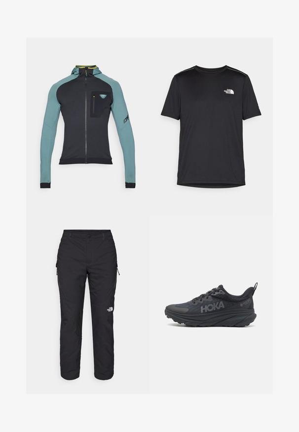 Dynafit RADICAL - Treniņjaka - atlantic; Melnas īsām piedurknēm T-kreklas, izgatavots no viegla auduma. Uz kreisā krūtīm ir neliels balts logo un smalki plecu akcenti.; The North Face WINTER EXPLORATION TAPERED CARGO - Āra bikses - black; Melns Hoka skriešanas apavi ar tīkla augšdaļu, strukturētām detaļām un biezu, amortizētu zoli ar sašaurinātiem maliem, lai nodrošinātu labāku atbalstu.