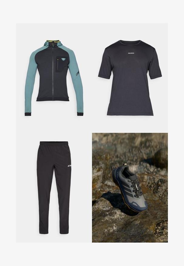 Dynafit RADICAL - Tréning dzseki - atlantic; Fekete rövid ujjú teljesítmény póló lélegző anyagból, kerek nyakkivágással és apró fehér "SALOMON" logóval a mellen.; Fekete sportnadrág rugalmas derékkal, két oldalsó cipzáras zsebbel és logóval a jobb lábszáron. Simább, könnyű anyagból készült.; Szürke, alacsony szárú sportcipő, texturált felsőrészel, 3 csíkkal és kontrasztos bézs talppal. Biztonságos fűzéssel és vízálló kialakítással rendelkezik.