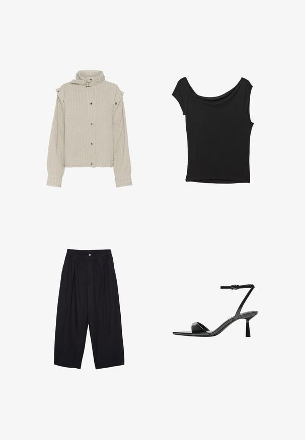 Vaaleanharmaa teksturoitu takki pitkille hihoille, nepparipainikkeilla ja korkealla kauluksella. Ominaisuuksiin kuuluu hienovarainen ribbaus ja olkapään yksityiskohdat.; Musta lyhythihainen paita, joka on valmistettu sileästä kankaasta; siinä on laskeutuva kaula-aukko ja epäsymmetrinen helma, sekä istuva malli.; Musta polyesterinen culotte-housut, jossa on joustava vyötärö, kaksi etupleettiä ja löysä siluetti. Ei näkyviä kuvioita tai metallisia yksityiskohtia.; Bershka Korolliset sandaalit - black