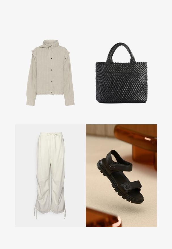 Heledad hall hallidega, nupuga ja kõrge kaelusega helehall tekstuuriga jakk. Omab peent soonikut ja õlavarre aktsente.; Kaks ilma varrukat kehaülikonda oliivirohelises ja mustas värvitoonis. Valmistatud siledast kangast, ringja kaelusega ja kõrge lõikega jalgade disainiga.; Kreppkangast püksid heleses toonides, millel on elastne vöökoht, pael ja külgedel lõhikud, et reguleerida sobivust.; Musthave nahkased sandaalid kahe reguleeritava rihmaga, tekstuurse tallaga ja julge, massiivse disainiga. Rihmal on logo aktsent.; Must Mustaga, millel on kaks käepidet, millel on tekstureeritud pind ja ristküliku kuju. Lihtne, ainulaadne disain, ilma nähtava riistvarata.