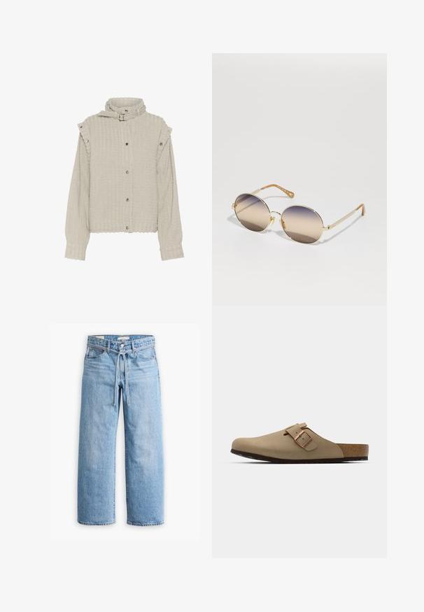 Veste texturée gris clair avec des manches longues, des boutons-pression et un col montant. Présente un léger côtelage et des accents aux épaules.; T-shirt en coton à manches longues avec des rayures horizontales noires et blanches, col rond et texture douce. Pas de matériel ou d'accents visibles.; Jeans en denim bleu clair à jambes larges avec une taille haute, fermeture à bouton et à glissière, et un détail à cordon à la taille. Finition à l'ourlet brut.; Sabots beiges avec un bout arrondi, accent en boucle ajustable et semelle en liège. Surface texturée avec une semelle en caoutchouc noir pour une meilleure adhérence.; Lunettes de soleil en métal doré avec de grandes montures rondes, verres dégradés du marron au beige, et branches marquées du nom "Chloé."