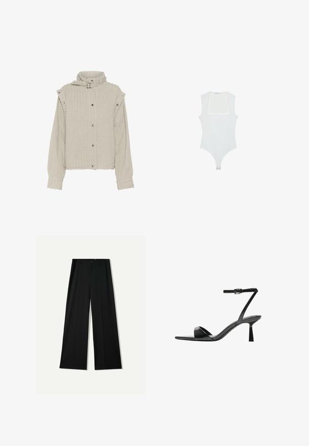 Veste texturée gris clair avec des manches longues, des boutons-pression et un col montant. Présente un léger côtelage et des accents aux épaules.; Un body blanc avec un encolure carrée, sans manches, texture lisse et fermeture à pression au bas. Style simple et minimaliste.; Bershka WIDE - Pantalon classique - black; Bershka Sandales à talons hauts - black