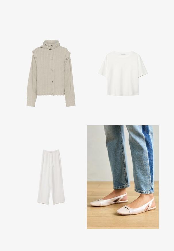 Lichtgrijze textuurjacket met lange mouwen, drukknoopsluiting en een hoge kraag. Kenmerkt zich door subtiele ribbels en schouderaccenten.; Witte korte mouwen t-shirt van katoen. Heeft een ronde halslijn en een ontspannen pasvorm. Glad textuur zonder zichtbare patronen of accenten.; Witte wijde broek gemaakt van een lichte stof. Voorzien van een elastische tailleband met een trekkoord en zijzakken. Zachte textuur.; Zachtroze slingback ballerina's met een spitse neus, gemaakt van een glad leerachtig materiaal. Bevat uitsnijdingen aan de zijkanten en heeft een platte hak.