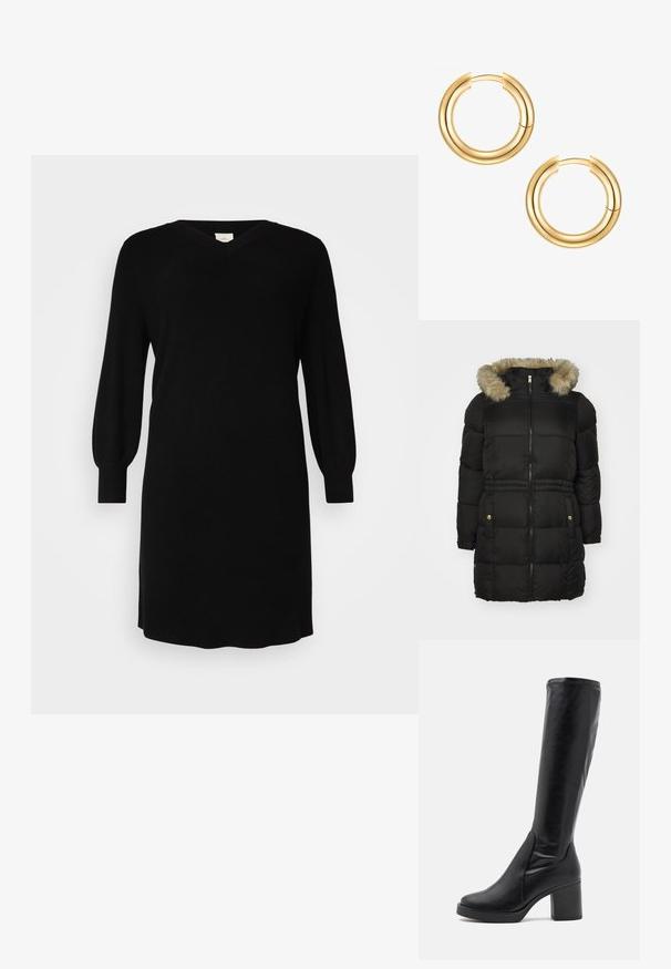 Vero Moda Curve VMCPINAR COAT - Vinterfrakke - black; Sort strikket kjole med V-udskæring, lange ballonærmer og ribbede manchetter. Simpelt design med lige snit og knælangt længde.; Sorte knæhøje støvler lavet af glat læder med en kraftig hæl og en afrundet tå. Har et sømløst design og diskrete syningsdetaljer.; Guld hoops øreringe med et dobbeltlagsdesign. Glat, blank overflade med en sømløs lukningsmekanisme. Rund form med et moderne udseende.