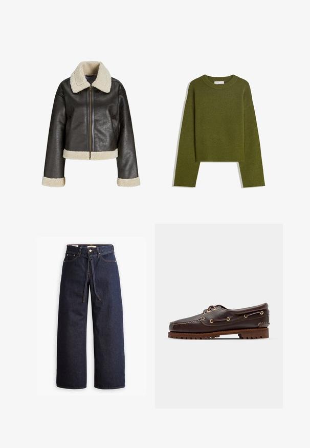 Bruine faux leren jas met een crème schapenwollen kraag, ritssluiting en bijpassende manchetten. Beschikt over een cropped ontwerp en een gestructureerd oppervlak.; Olijfgroene gebreide trui met een ronde hals, lange mouwen en een geribde zoom. Beschikt over een cropped ontwerp met een zachte, gestructureerde afwerking.; Wijd pijpjes donkerblauwe denim jeans met een hoge taille, voorzien van een trekkoord, vijf zakken en contrasterende stiksels.; Bruine leren bootsschoen met gouden oogjes, ronde veters en een gestructureerde bruine rubberen zool. Kenmerkt zich door gestikte details en een verhoogd logo.