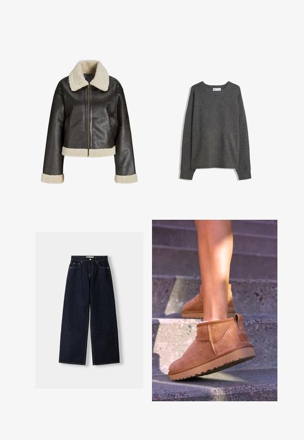 Brun kunstlæderjakke med en cremet shearlingkrave, lynlåslukning og matchende manchetter. Har et cropped design og tekstureret overflade.; Grå striktrøje med bred halsudskæring, lange ærmer og ribbede manchetter. Stoffet ser blødt ud med en let tekstur og en afslappet pasform.; Mørkeblå denim wide-leg jeans med høj talje, fem lommer, kontraststing og sølvfarvet metalbeslag. Glat overflade og pæn finish.; Tan ruskind ankelstøvler med en blød tekstur, stikninger og en gummisål, der har en løkkehælkappe for nem på- og aftagning.