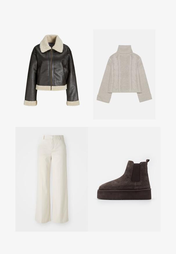 Bruine faux leren jas met een crème schapenwollen kraag, ritssluiting en bijpassende manchetten. Beschikt over een cropped ontwerp en een gestructureerd oppervlak.; Korte, lichtgrijze gebreide trui met een hoge kraag en ribbelmanchetten, met gestructureerde kabelpatronen op de rug en zijkanten.; Brede broek in een lichte beige kleur, gemaakt van een gladde stof. Kenmerkt zich door een klassieke tailleband en een vlakke voorkant met strakke lijnen.; Bordeaux kleurige suède Chelsea boots met elastische zijpanelen en een dikke, gestructureerde platformzool. Voorzien van een trektab aan de hiel voor gemakkelijk aan- en uittrekken.