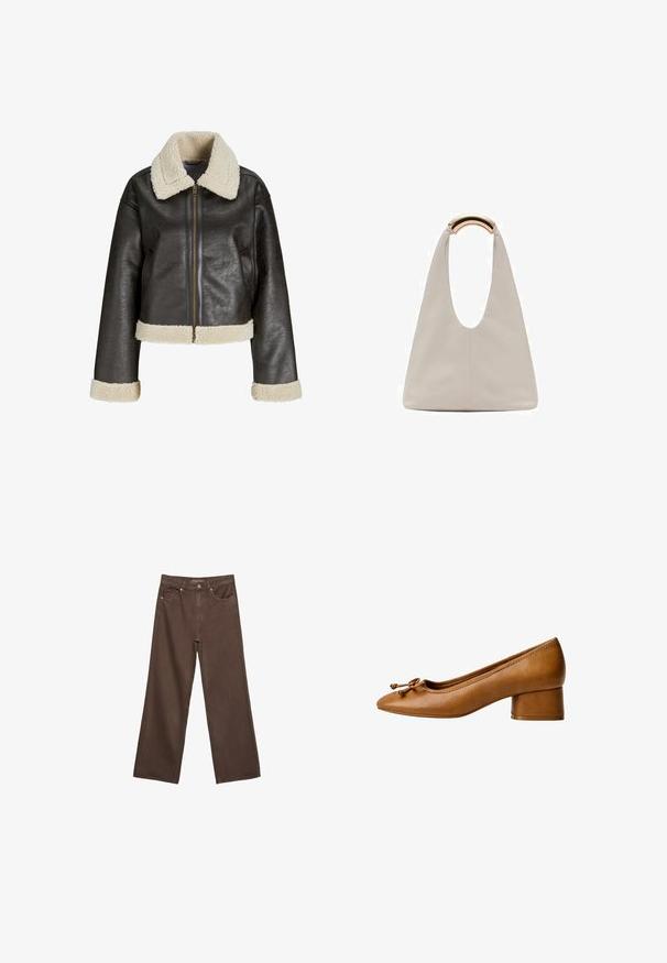 Giacca in ecopelle marrone con colletto in shearling crema, chiusura con zip e polsini coordinati. Presenta un design corto e una superficie texturizzata.; T-shirt bianco a maniche corte con scollo rotondo, vestibilità comoda, realizzato in un tessuto morbido. Senza fantasie o dettagli, con orlo standard.; Jeans a gamba larga marroni in denim, con vita alta, tasche anteriori e chiusura a bottone classica. Tessuto liscio con cuciture sottili.; Décolleté in pelle cuoio con punta arrotondata, tacco a blocco di piccole dimensioni e dettaglio a fiocco decorativo. Texture liscia e design minimalista.; Borsa in pelle grigio chiaro con design a forma di U e manico metallico curvo. Texture liscia con cuciture minime e senza motivi visibili.