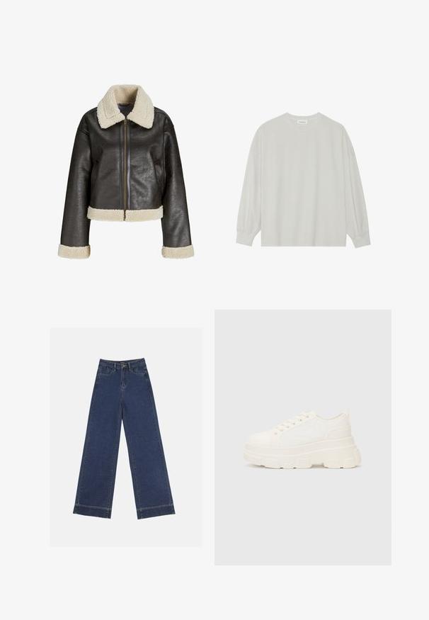 Rudos dirbtinės odos švarkas su kreminiu avikailio apykakle, užtrauktuku ir derančiais rankogaliais. Turi apkarpytą dizainą ir tekstūruotą paviršių.; Šviesiai pilkas ilgomis rankovėmis marškinėliai, pagaminti iš minkštos medvilnės. Sukurtas laisvam prigludimui, apvaliu iškirpimu ir švelniai susigūžusiomis rankovėmis. Be raštų ar piešinių.; Plati džinsai tamsiai mėlynos denimo. Yra penki kišenės, diržo kilpos ir apatinė briauna su matomais siuvimo detalėmis.; Balti drobės sportbačiai su storu padu, apvalia nosimi ir penkiomis akytėmis raištams. Gale yra kilputė, kad būtų lengva užsidėti. Sklandus paviršius, minimalistinis dizainas.