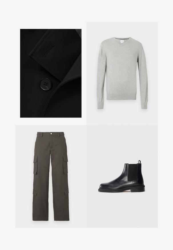 Melna žakete ar izgrieztu apkakli, izteiktu pogu aizdari un smalkām šuvju detaļām apkakles apmalē. Gluda auduma tekstūra.; Gaiši pelēks džemperis, ar V veida kaklu, garām piedurknēm, ribota apkakle un apakša, mīksta tekstūra. Zīmola uzlīme atrodas uz kakla.; Baltas kokvilnas T-krekls ar apaļu kakla izgriezumu, īsām piedurknēm un brīvu piegriezumu. Gluda tekstūra, bez rakstiem un rotājumiem.; Tumši pelēki taisnas kājas kravas bikses ar pogu aizdari un četriem kabatām ar vāku, divām uz augšstilbiem un divām tuvu teļiem.; Melnas ādas Čēzija zābaki ar elastīgu sānu paneli, noapaļota pirksta daļa, cilpa pie papēža un zema klāja zole uz vienkārša fona.