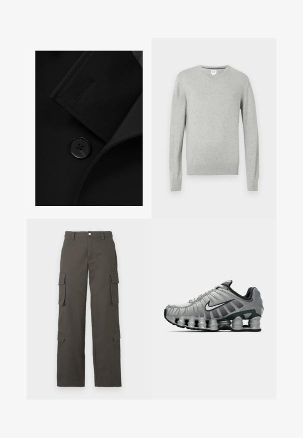Musta bleiseri, jossa on lovettu kaulus, näyttävä nappikiinnitys ja huomaamaton ompeluyksityiskohta kauluksen läpällä. Silkkinen kangastunnelma.; Vaaleanharmaa neule, V-pääntie, pitkät hihat, ribbireunat hihansuissa ja helmassa, pehmeä tekstuuri. Merkkilogo sijaitsee kaula-aukon kohdalla.; Valkoinen puuvillapaita, jossa on pyöreä kaula-aukko, lyhyet hihat ja rento istuvuus. Sileä pinta, ei kuvioita tai koristeita.; Tummanharmaat suorat cargo-housut, joissa napitus ja neljä läpällistä taskua, kaksi reiden kohdalla ja kaksi lähellä sääriä.; Harmaa ja musta Nike-juoksukenkä, jossa on näkyvää jousimaista vaimennusta pohjan alla ja valkoinen swoosh-logo sivulla.
