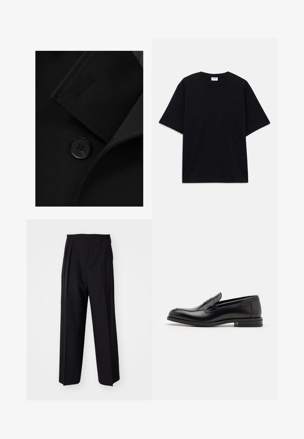 Svart blazer med slagkrage, framträdande knappstängning och subtilt sömnadsdetalj på kragefliken. Slät tygtextur.; Svart kortärmad oversized T-shirt med rund halsringning och synlig Filippa K-märkesetikett inuti kragen.; Svarta plisserade byxor med en rak, bred bendesign. Tillverkade av ett slätt tyg, med knäppning fram och bälteshällor.; Svarta läderloafers med en slät yta, rund tå och ett dekorativt band över främre delen. Låg staplad klack, minimalistisk design.