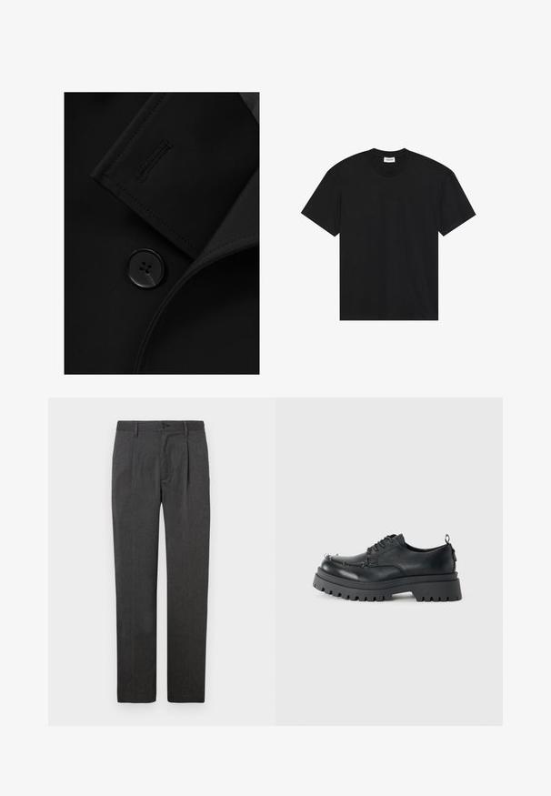 Czarna marynarka z wyraźnym kołnierzem, widocznym zapięciem na guziki i subtelnymi przeszyciami na klapie kołnierza. Gładka tekstura tkaniny.; Czarna koszulka z krótkim rękawem wykonana z bawełny. Posiada klasyczny okrągły dekolt i luźny krój bez widocznych wzorów czy akcentów.; Szare spodnie o klasycznym kroju z prostymi nogawkami, z plisą z przodu, zamkiem błyskawicznym i zapięciem na guzik. Gładka tekstura, klasyczny design.; Czarne, masywne skórzane buty sznurowane z grubą, wytrzymałą podeszwą i metalowymi oczkami w okolicach palców, sfotografowane na jednolitym jasnym tle.
