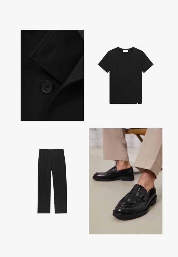 Čierny blejzer s výstrihom do "V", výrazným zapínaním na gombíky a diskrétnym prešívaním na klopách. Hladká textúra látky.; Čierne tričko s krátkym rukávom vyrobené z bavlny, s okrúhlym výstrihom a malým logom vyšitým na hrudi. Hladká textúra, štandardný strih.; Čierne nohavice s rovnými nohavicami, vyrobené z hladkej tkaniny. Majú predné puky a jediné gombíkové zapínanie v páse.; Čierne kožené poltopánky s hladkým povrchom, so zdobným remienkom a kontrastným prešívaním, skombinované s béžovými nohavicami.