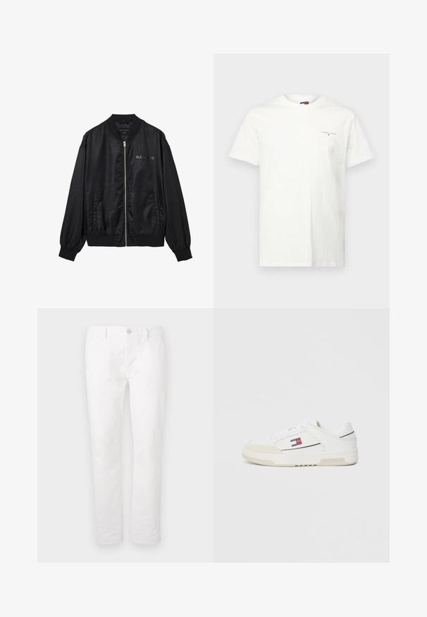 Black satin bomber jacket with front zipper, ribbed collar and cuffs, side pockets, and subtle "ALLSAINTS" logo on chest.; White cotton t-shirt with short sleeves, V-neck, and a small embroidered logo on the left chest. Smooth texture and regular fit.; White cotton trousers with a straight leg design, featuring a button closure, belt loops, and no visible patterns or accents.; White sneakers with a smooth leather upper and suede toe cap, featuring a small red, white, and blue logo on the side and textured sole.