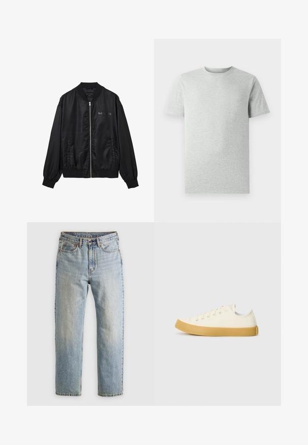 Čierna saténová bombera s predným zipsom, rebrovaným golierom a manžetami, bočnými vreckami a jemným logom "ALLSAINTS" na hrudi.; Jednoduché svetlošedé tričko s krátkym rukávom a okrúhlym výstrihom, vystavené na bielom pozadí, pohľad z prednej strany bez viditeľných log a dizajnov.; Svetlomodré džínsy s vysokým pásom, predným gombíkom, zipsom a dizajnom s piatimi vreckami, rozložené na neutrálnom pozadí.; Plátne tenisky v off-white farbe s okrúhlym špičkou, s béžovými gumovými podrážkami a piatimi dierkami na šnúrky, textúrovaný povrch na hornej časti.
