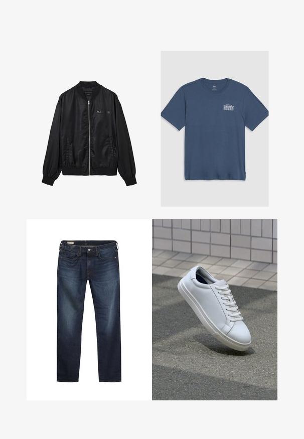 Jachetă bomber din satin negru cu fermoar frontal, guler și manșete ribbed, buzunare laterale și un logo subtil "ALLSAINTS" pe piept.; Tricou din bumbac albastru, cu guler rotund și mâneci scurte. Un logo alb "Levi's" este imprimat în zona stângă a pieptului. Design simplu.; Jeans din denim de culoare albastru închis, cu un croi drept, cinci buzunare, ușor estompați pe coapse și o închidere cu buton metalic la talie.; Sneaker alb din piele, cu o textură netedă, design cu șireturi și vârf rotund. Dispune de o talpă din cauciuc texturată și accente minimaliste.