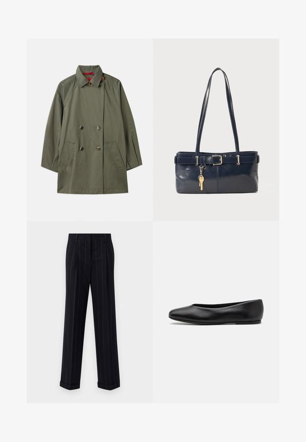 Cappotto doppiopetto verde oliva con colletto, due tasche frontali e interno rosso a contrasto. Realizzato in tessuto liscio con una vestibilità comoda.; Maglione blu scuro con scollatura rotonda, maniche lunghe a raglan, polsini a coste e orlo dritto. Realizzato in un morbido materiale a maglia testurizzato.; Pantaloni neri a righe sottili con una vestibilità su misura, dotati di orlo con risvolto e pieghe frontali. Realizzati in un tessuto liscio con un design strutturato.; Paul Smith TOPANGA - Ballerine - black; Borsa a mano in pelle blu con due manici lunghi, un dettaglio con fibbia e un portachiavi attaccato. Presenta una texture liscia e una forma rettangolare.