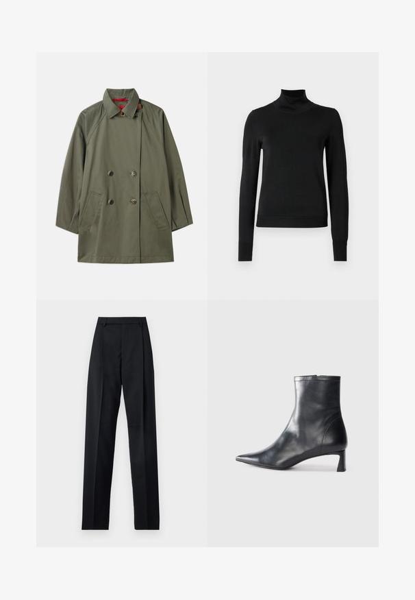 Ελαιόχρωμο παλτό διπλής όψης με γιακά, δύο μπροστινές τσέπες και αντίθεση κόκκινης εσωτερικής επένδυσης. Φτιαγμένο από απαλό ύφασμα με χαλαρή εφαρμογή.; Μαύρο μακρυμάνικο πουλόβερ με ψηλή λαιμόκοψη και ριγωτές μανσέτες και τελείωμα, το οποίο είναι παρουσιασμένο σε απλή λευκή φόντο.; Μαύρο παντελόνι φτιαγμένο από λείο ύφασμα με ψηλή μέση, φαρδιές γάμπες, πλάγιες πιέτες και κλασσικές θηλιές ζώνης. Δεν υπάρχουν ορατές πλαϊνές τσέπες.; Μαύρη δερμάτινη μπότες αστραγάλου με μυτερή μύτη και κομψό σχέδιο. Διαθέτει χαμηλό τακούνι και φερμουάρ στο πίσω μέρος. Λείο υφή.
