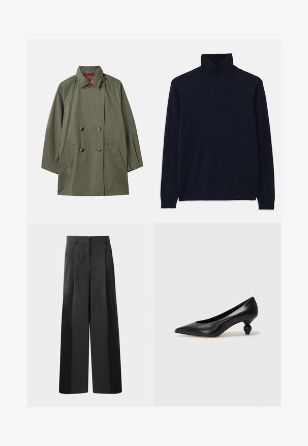Olivově zelený dvouřadový kabát s límcem, dvěma předními kapsami a kontrastní červenou podšívkou. Vyroben z hladké tkaniny s uvolněným střihem.; Námořnický rolák s dlouhými rukávy, vyrobený z měkké pleteniny. Má žebrovaný límec a manžety, s jednoduchým designem a bez vzorů.; Černé kalhoty širokého střihu s vysokým pasem, které mají přední sklady, hladký povrch a upravený vzhled. Navrženy pro volný střih.; Černá kožená vysoká bota na podpatku s špičatou špičkou a kulatým, zaobleným podpatkem. Hladká textura s elegantním, minimalistickým designem.