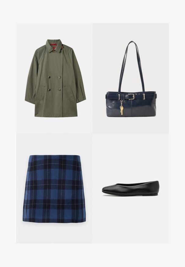 Cappotto doppiopetto verde oliva con colletto, due tasche frontali e interno rosso a contrasto. Realizzato in tessuto liscio con una vestibilità comoda.; Maglioncino senza maniche grigio chiaro con scollatura e orlo a costine. Presenta tre applicazioni floreali testurizzate sulla parte anteriore. Etichetta del marchio: MAX&Co.; Gonna a quadri mini in blu scuro e navy, realizzata in un tessuto morbido con una finitura leggermente testurizzata. Presenta una linea dritta e linee pulite.; Paul Smith TOPANGA - Ballerine - black; Borsa a mano in pelle blu con due manici lunghi, un dettaglio con fibbia e un portachiavi attaccato. Presenta una texture liscia e una forma rettangolare.