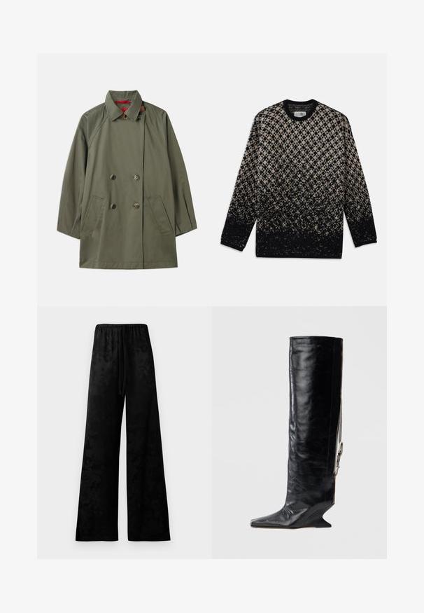 Olive green double-breasted coat with a collar, two front pockets, and contrasting red interior. Made from smooth fabric with a relaxed fit.; Knit sweater featuring a diamond pattern in beige and black, with a gradual color fade. Crew neckline and long sleeves. Soft texture.; Wide-leg black trousers made of smooth fabric, featuring an elastic waistband, drawstring detail, and a subtle floral pattern.; Knee-high black leather boot with a pointed toe, unique wedge heel, and side chain accent. Smooth texture with a glossy finish.