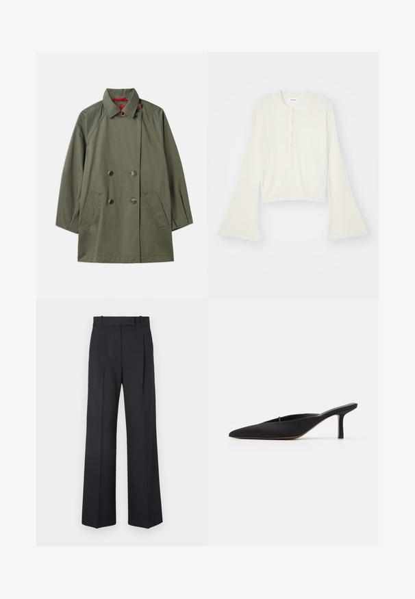 Olive green double-breasted coat with a collar, two front pockets, and contrasting red interior. Made from smooth fabric with a relaxed fit.; Ribbed, cream-colored polo shirt with long, flare sleeves and five button placket. Features a collar with a soft texture.; Dark blue pinstriped trousers with a high waist, wide leg design, and no visible hardware or embellishments. Smooth texture and tailored fit.; Black pointed-toe mule with a sleek design, made of smooth fabric, featuring a slender heel and open back for easy wear.