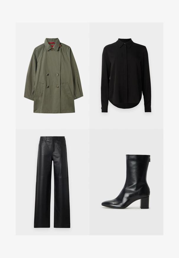 Olivově zelený dvouřadový kabát s límcem, dvěma předními kapsami a kontrastní červenou podšívkou. Vyroben z hladké tkaniny s uvolněným střihem.; Černá halenka s dlouhým rukávem a špičatým límcem, skrytým zapínáním na knoflíky a zakřiveným lemem na jednobarevném bílém pozadí.; Široké černé kožené kalhoty s hladkou texturou, s předními kapsami, zapínáním na knoflík a jemnými švy.; Černé kožené kotníkové boty s špičatou špičkou a blokovým podpatkem o výšce 4 cm. Elegantní design obsahuje boční zip pro snadné obouvání. Hladká textura.