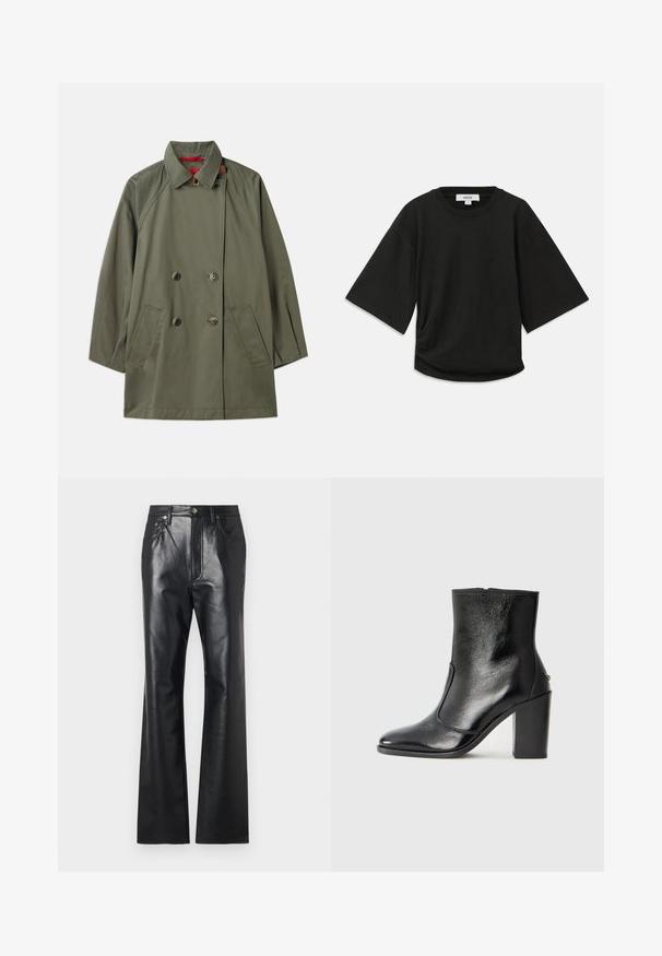 Casaco de lapela de cor verde-oliva, de dupla face, com dois bolsos frontais e interior vermelho em contraste. Feito de tecido liso com um corte descontraído.; Camiseta preta de manga curta feita de algodão macio, com decote redondo e um corte descontraído, apresentando um detalhe ligeiramente franzido na lateral.; Calças de couro pretas com uma textura suave, design de pernas largas, fecho zip frontal e passadores de cinto. Apresenta sutis detalhes de costura.; Bota ankle preta em pele com uma textura suave, bico fino e um salto alto robusto. Apresenta uma abertura lateral e um design minimalista.