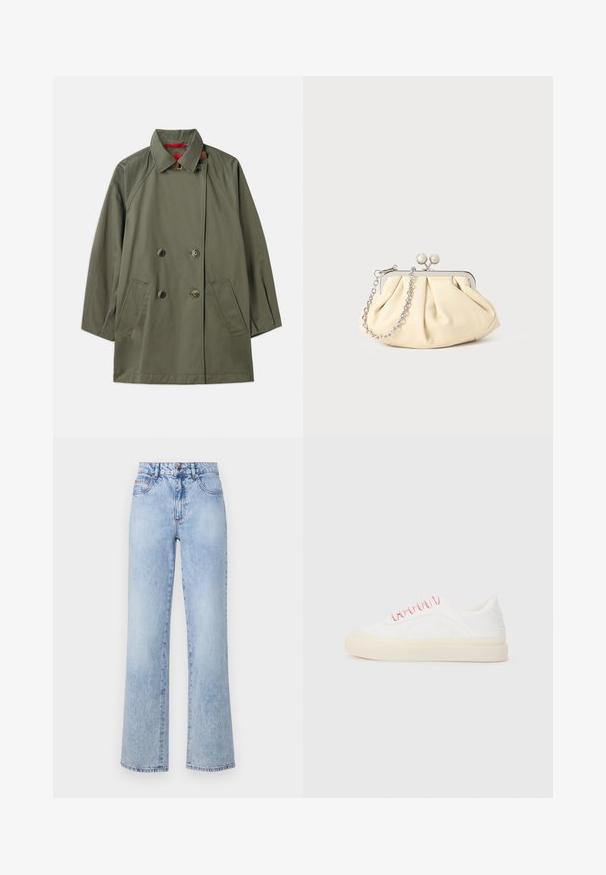 Olivenfarget, dobbeltradet frakk med krage, to frontlommer og kontrastfull rød innvendig. Laget av glattek stoff med en avslappet passform.; Hvit kortermet strikket topp med rund hals, med en glatt tekstur og subtile ribbede detaljer på ermer og kant.; Lyseblå høytlivte jeans med rett ben, med falmet denimtekstur, røde sømdetaljer og en klassisk fem-lomme design.; Hvite sneakers med rosa snører, med et glatt skinn-design, rund tå, og en beige gummisåle, inkludert sømdetaljer.; Foliebeige lærveske med plisseringer og en sølvmetalramme, med to runde dekorative låser og en sølvkjede.