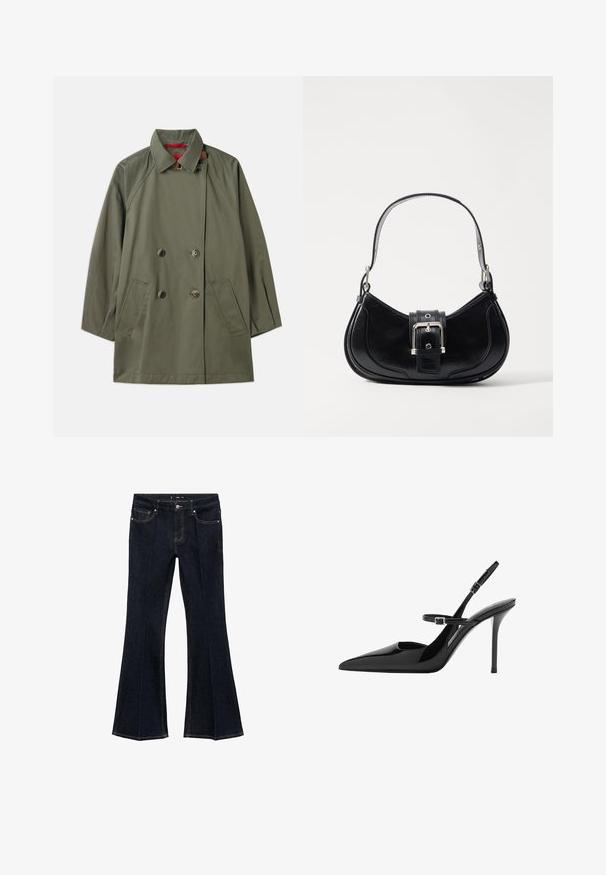 Oliwkowy płaszcz dwurzędowy z kołnierzem, dwoma przednimi kieszeniami i kontrastowym czerwonym wnętrzem. Wykonany z gładkiego materiału w luźnym kroju.; Koszulka w paski wykonana z bawełny, z poziomymi paskami w kolorze granatowym i białym, z okrągłym dekoltem i krótkimi rękawami. Gładka tekstura.; Granatowe dżinsy z wysokim stanem, przednimi kieszeniami i szerokimi, rozszerzającymi się nogawkami, wyeksponowane płasko na białym tle.; Czarne lakierowane szpilki slingback z ostrym noskiem, regulowanym paskiem i obcasem w kształcie stiletto. Gładka powierzchnia o błyszczącym wykończeniu.; Czarna skórzana torebka z zaokrąglonym kształtem, z centralnym detalem w postaci klamry i krótkim, gładkim uchwytem. Teksturowane akcenty podkreślają jej wygląd.