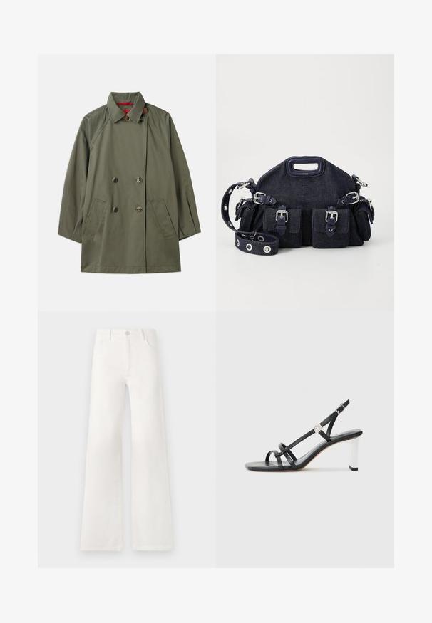 Abrigo de doble botón en verde oliva con un cuello, dos bolsillos frontales y un interior rojo en contraste. Fabricado en un tejido suave con un ajuste relajado.; Camiseta sin mangas de color negro con escote cuadrado. Fabricada en un tejido suave, presenta un diseño sencillo y un detalle de logo cosido en el interior.; Jeans blancos de tiro alto y pierna ancha, confeccionados en denim. Cuentan con un cierre de botón, dos bolsillos frontales y costuras con detalles en las costuras laterales.; Sandalias negras de tacón alto con múltiples correas estrechas, diseño slingback y un acento plateado en el tacón. Material superior liso y tacón cuadrado.; Bolso de denim azul oscuro con forma redondeada, múltiples bolsillos exteriores, correa ajustable y detalles de metal plateado. Incluye un asa superior.