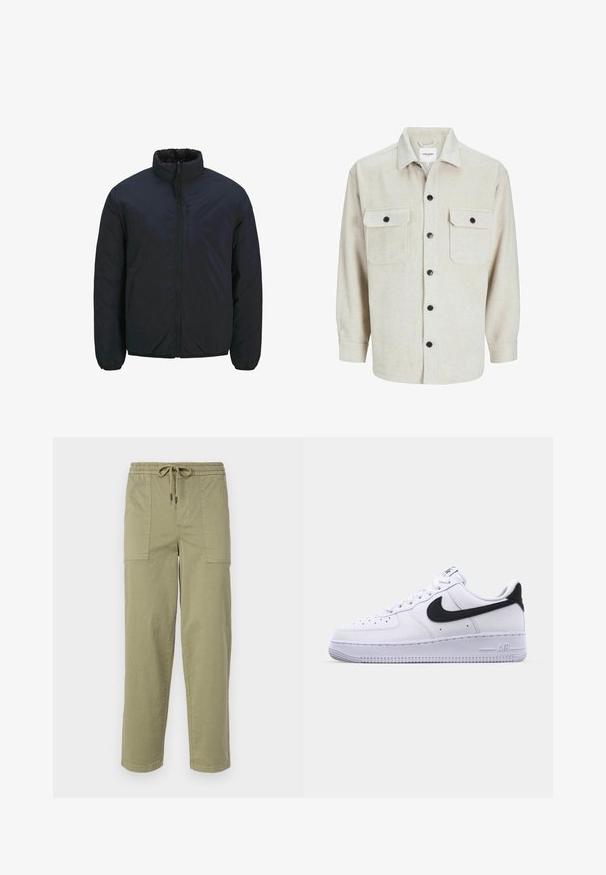 Veste isolante noire avec un col haut, une fermeture éclair à l'avant et des poignets élastiques. Texture de surface lisse, conception légère. Une poche poitrine.; Chemise en flanelle beige avec un col, dotée de deux poches poitrine, de boutons noirs et de manches longues avec des poignets à bouton.; Pantalons vert olive clair en tissu mélangé coton, dotés d'une taille élastique avec cordon de serrage et de deux grandes poches latérales.; Sneaker en cuir blanc avec un Swoosh noir texturé, des lacets plats et une semelle en caoutchouc avec un motif strié. "AIR" est embossé sur le talon.