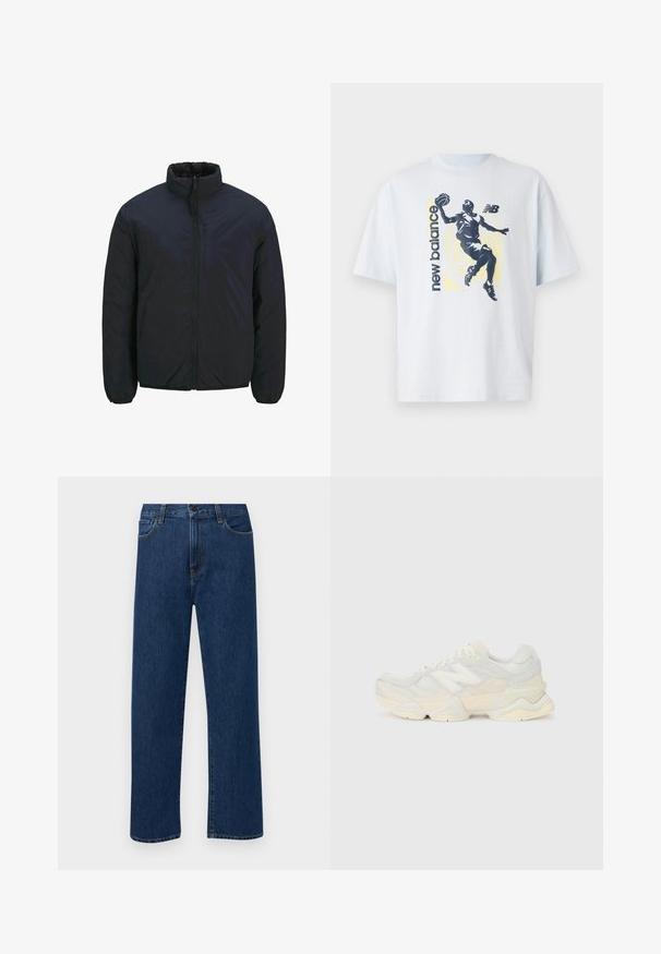 Zwarte geïsoleerde jas met een hoge kraag, rits aan de voorkant en elastische manchetten. Glad oppervlak, lichte constructie. Eén borstzak.; Lichtblauw katoenen T-shirt met een donkere silhouet van een basketbalspeler en "new balance" tekst in contrasterende kleuren. Korte mouwen.; Donkerblauwe rechte denim jeans met frontzakken en een knoopsluiting, weergegeven op een effen witte achtergrond.; Lichte sneaker met een bovenwerk van mesh en suede in zachte crèmekleuren, met een chunky zool en driedimensionale accenten.