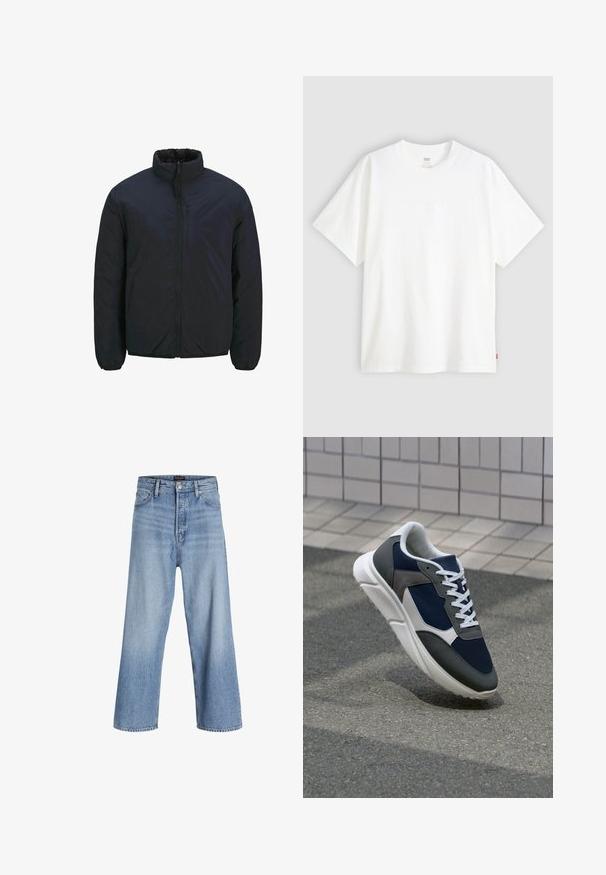 Schwarze isolierte Jacke mit hohem Kragen, Frontreißverschluss und elastischen Bündchen. Glatte Oberflächenstruktur, leichtes Design. Eine Brusttasche.; Weißes T-Shirt mit kurzen Ärmeln aus Baumwolle und rundem Halsausschnitt. Besitzt ein dezentes, geprägtes Logo-Detail auf der Vorderseite und ein rotes Etikett am Saum.; Hellblaue Denim-Weite-Beine-Jeans mit hoher Taille, ausgestattet mit einer Knopfleiste, einem Fünf-Taschen-Design und subtiler Ausbleichung. Sauberer Saumabschluss.; Sneaker mit einem Obermaterial aus navyblauem Mesh, grauen Wildlederelementen, einer weißen Gummisohle und flachen weißen Schnürsenkeln, entworfen für Komfort und Atmungsaktivität.