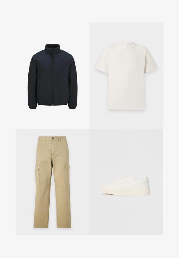 Black insulated jacket with a high collar, front zipper, and elastic cuffs. Smooth surface texture, lightweight design. One chest pocket.; White short-sleeve T-shirt in a ribbed texture. Round neckline, relaxed fit, no visible patterns or accents. Simple and versatile design.; Beige cargo pants made of cotton, featuring two side pockets, a button closure, and straight legs with a slightly textured fabric.; White slip-on sneakers with a textured surface, a thick sole, and minimalistic design. Features brand logo on the side.