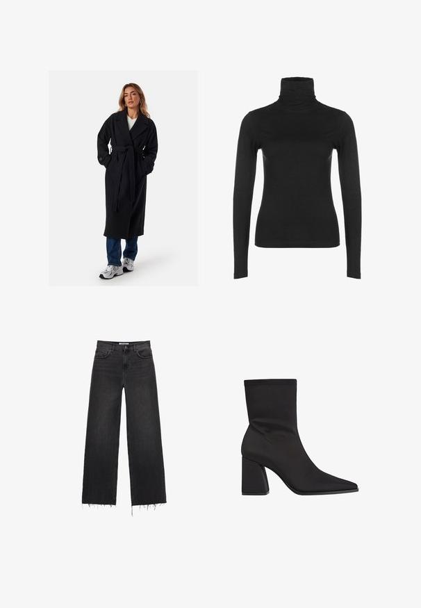 Cappotto nero in misto lana, con ampio colletto, cintura in vita, vestibilità over e polsini con bottoni; abbinato a jeans blu e sneakers.; Maglia nera a maniche lunghe con collo alto, realizzata in un tessuto liscio e elasticizzato. Presenta un collo alto e una silhouette aderente, senza pattern o dettagli visibili.; Jeans in denim nero a gamba larga con vita alta e orlo sfilacciato, design a cinque tasche e chiusura con bottone. Texture liscia con un finish sbiadito.; Stivali neri alla caviglia realizzati in tessuto liscio, con punta appuntita, tacco a blocco e design senza giunture con sottili dettagli di cucitura.