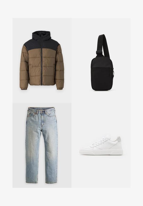 Puffjakker, mille must kapuuts ja ülemine osa, pruun keha, valmistatud tekstuurkangast, nähtavate õmblustega ja elastsete mansettidega.; Pruun kudumiga pehme pullover, millel on polo kaelus, kolm nuppu kaela juures ja pikad varrukad. Pehme tekstuur, ribidega mansetid ja äär.; Heledad hele sinine teksapükste kõrge vöökoht, ees nupuga, lukuga ja viie taskuga disain, asetatud tasasele neutraalsele taustale.; Valged nahast spordijalatsid siledast nahast viimistlusega, ümarate varvastega, lamekestega ja tekstuuriga tallaga. Hall suede aktsent kanna juures.; Mustmust crossbody kott mustekangast, millel on üks reguleeritav rihm, lukuga põhiosas ja eesmine tasku.