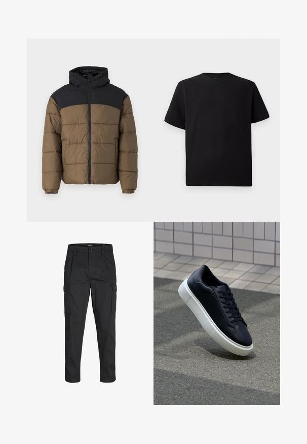 Přefukovací bunda s černou kapucí a horní částí, s hnědým tělem vyrobená z texturované tkaniny s viditelným šitím a elastickými manžetami.; Černé tričko s krátkým rukávem vyrobené z texturované látky, s kulatým výstřihem a volným střihem. Jednoduché, bez vzorů nebo akcentů.; Černé cargo kalhoty vyrobené z odolné tkaniny, s mnoha kapsami, knoflíkovým zapínáním a slim fit střihem se zúženými nohavicemi.; Černé kožené tenisky s kulatou špičkou a bílou gumovou podrážkou. mají ploché tkaničky a minimální šití na svršku. Texturovaná podrážka pro lepší přilnavost.